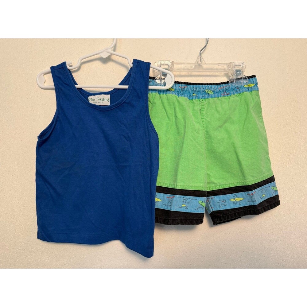 Surf, Skateboarding Boys Blue Tank Top and Green Swim Trunks Set